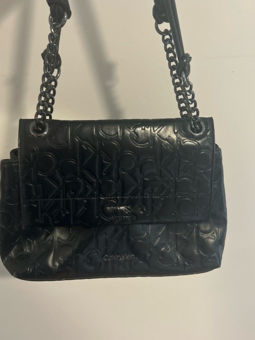 Calvin Klein Black Embossed Monogram Chain Shoulder Bag